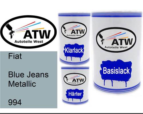 Fiat, Blue Jeans Metallic, 994: 500ml Lackdose + 500ml Klarlack + 250ml Härter - Set, von ATW Autoteile West.